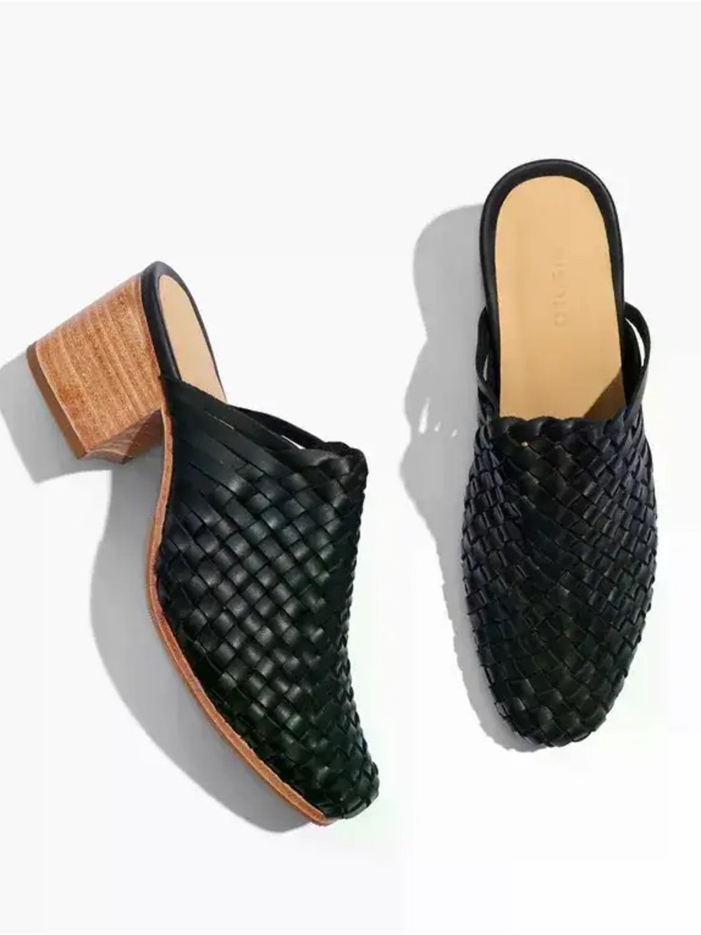 Nisolo All-Day Black Woven Full Grain Leather Block Heeled Slip On Mule Size 7